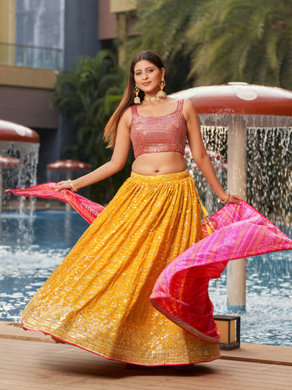 Yellow Pink Lehenga Choli With Zari Sequins Embroidery