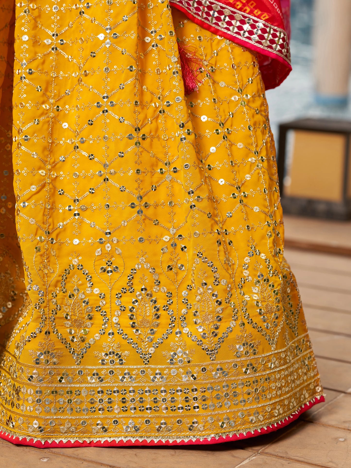 Yellow Pink Lehenga Choli With Zari Sequins Embroidery