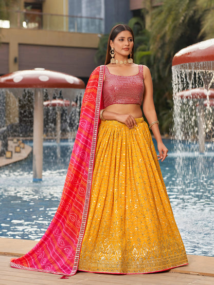 Yellow Pink Lehenga Choli With Zari Sequins Embroidery