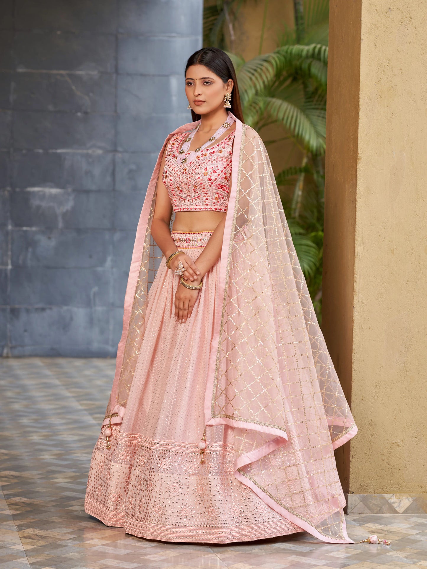 Zari Sequins Embroidery Pink Lehenga Choli