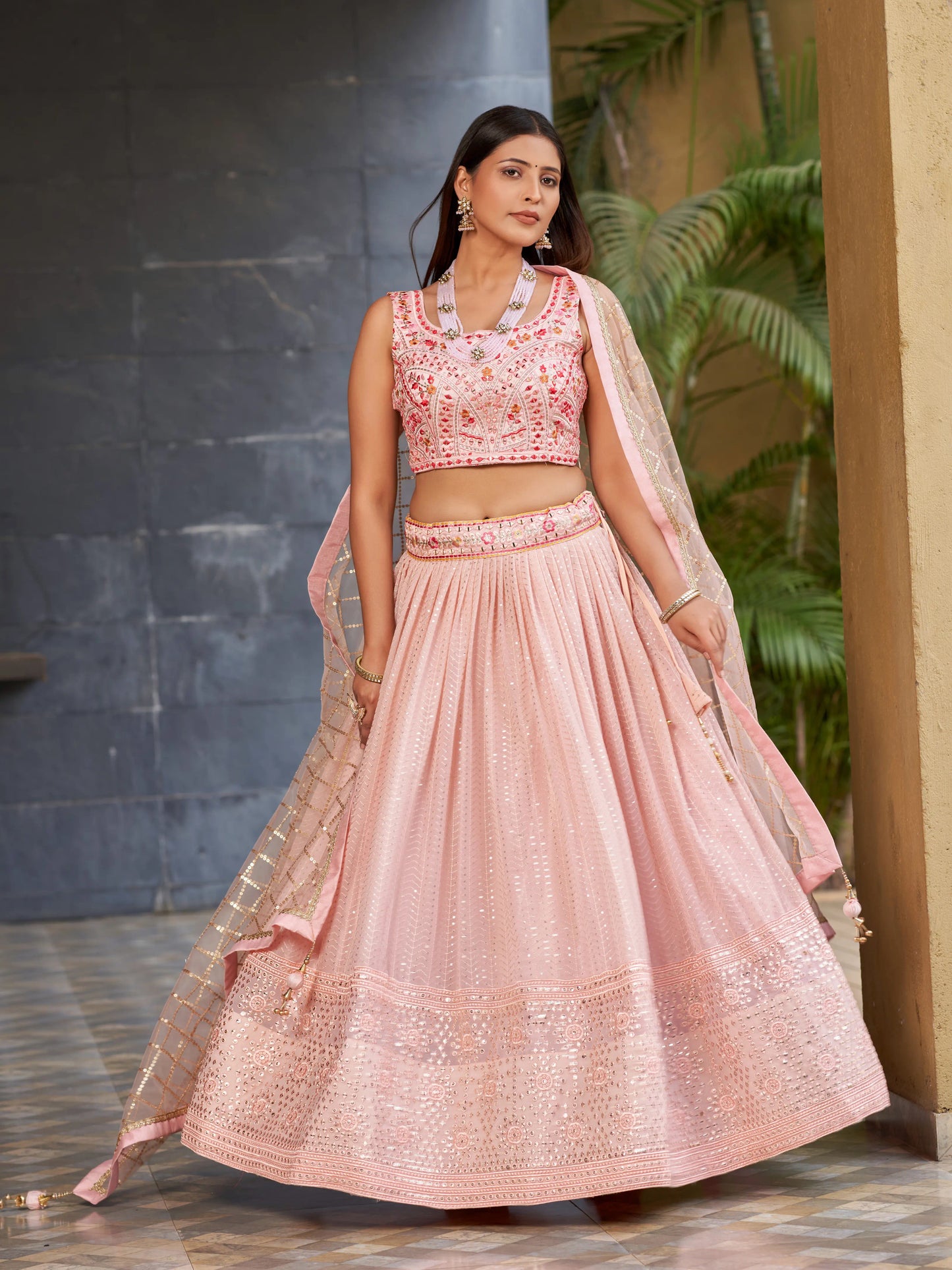 Zari Sequins Embroidery Pink Lehenga Choli