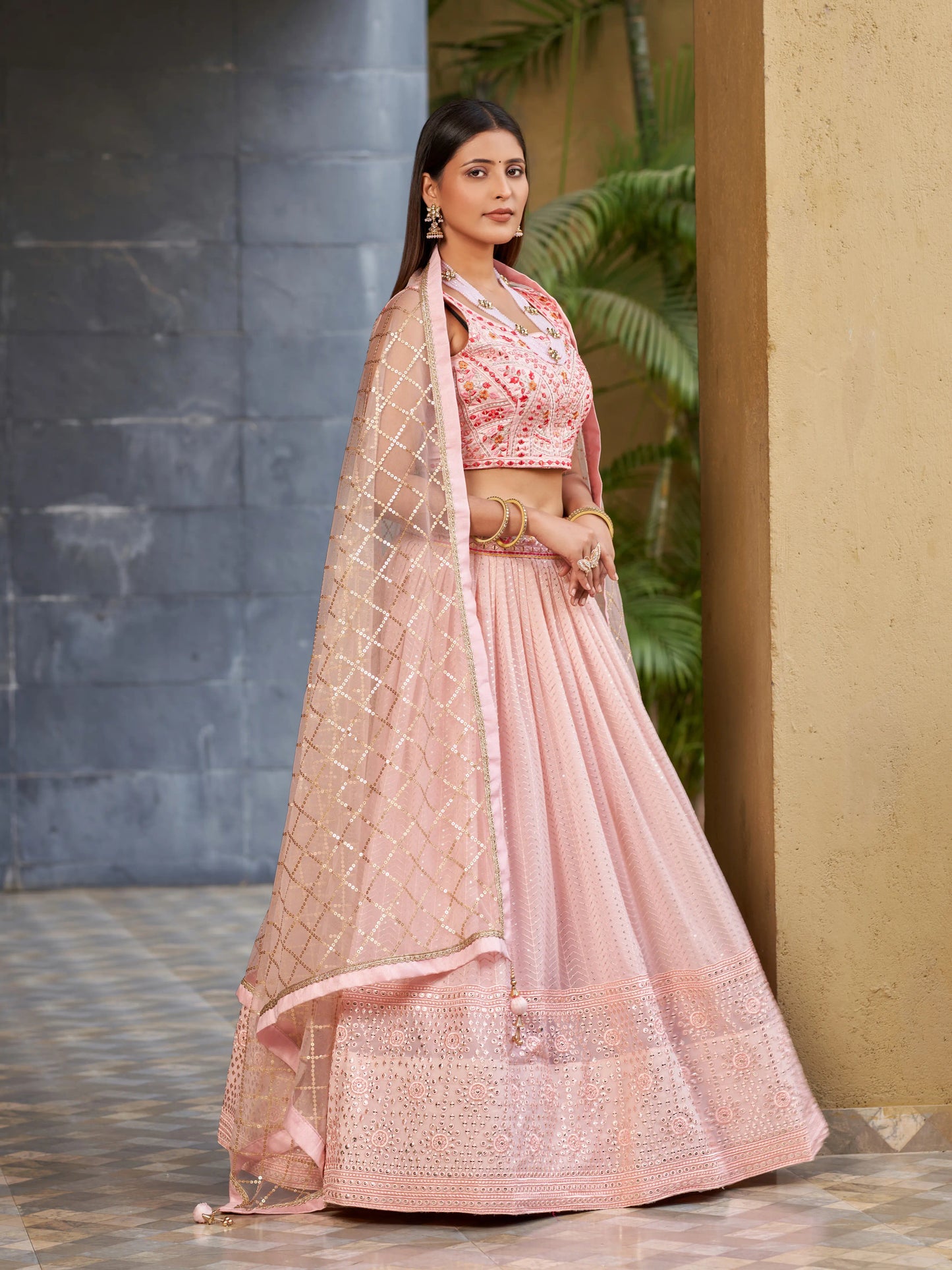 Zari Sequins Embroidery Pink Lehenga Choli