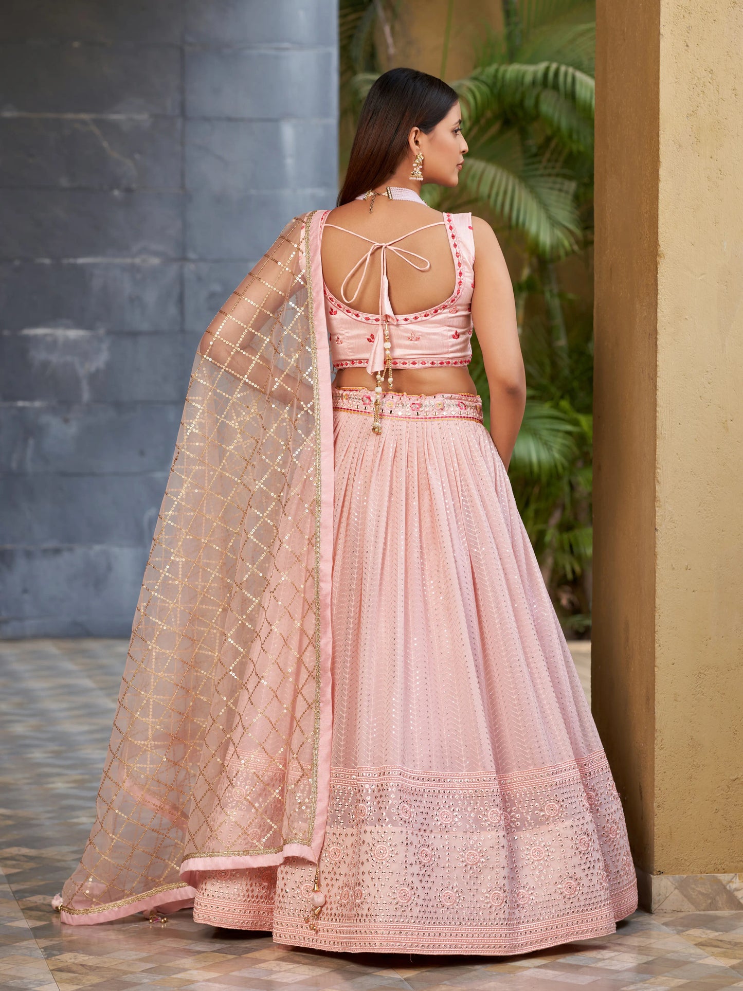 Zari Sequins Embroidery Pink Lehenga Choli