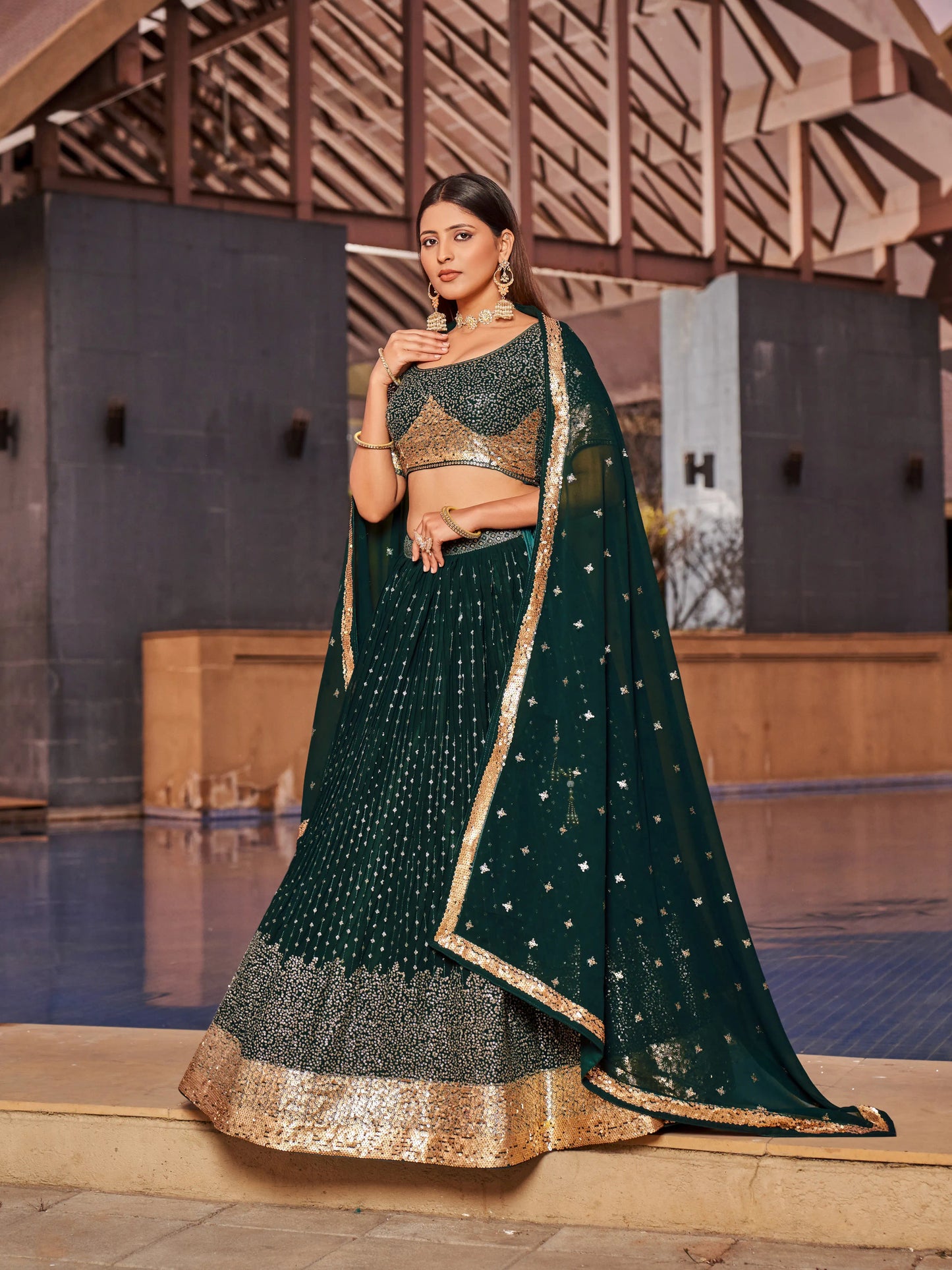 Green Lehenga Choli With Zari Sequins Embroidery