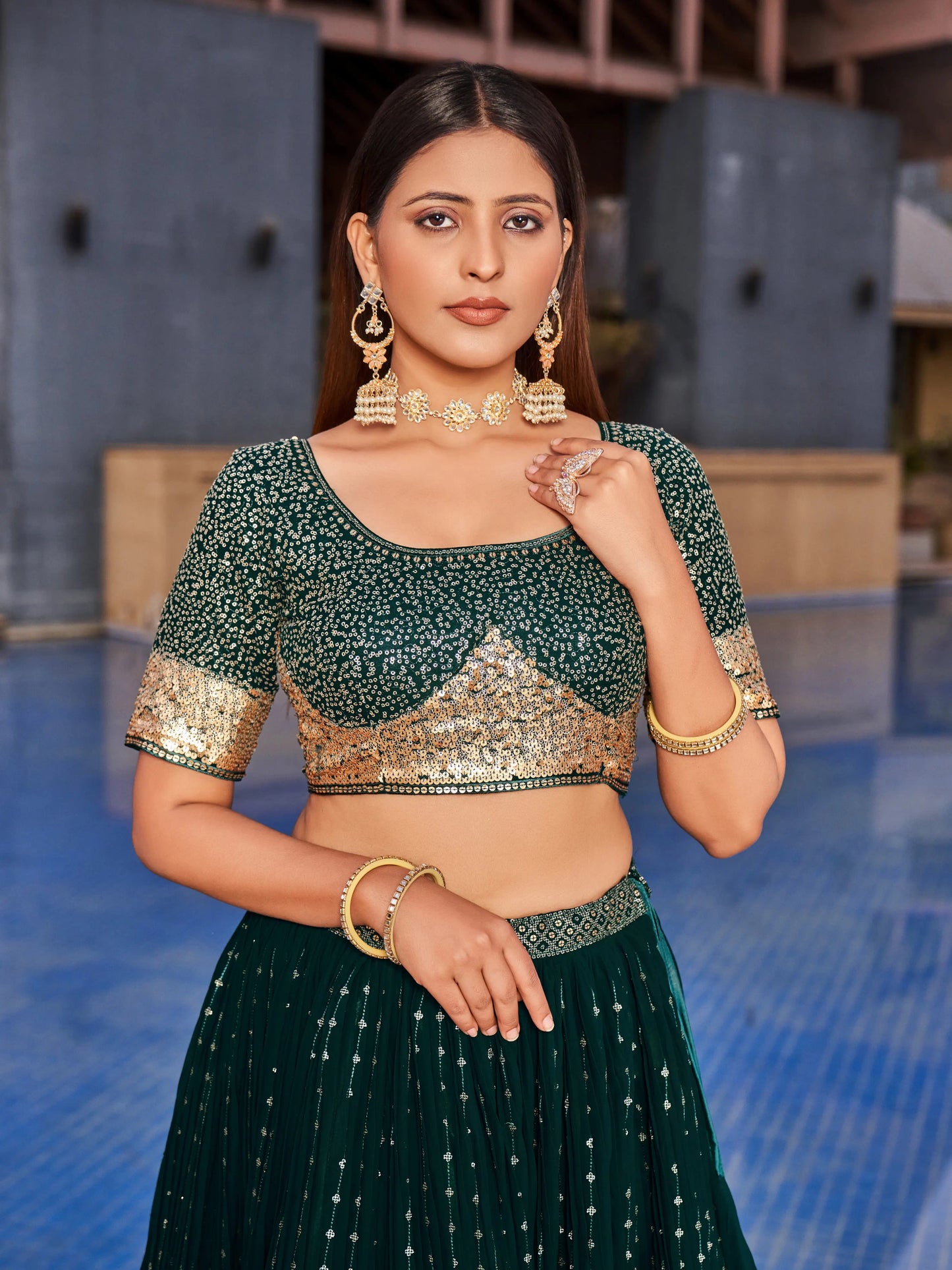 Green Lehenga Choli With Zari Sequins Embroidery