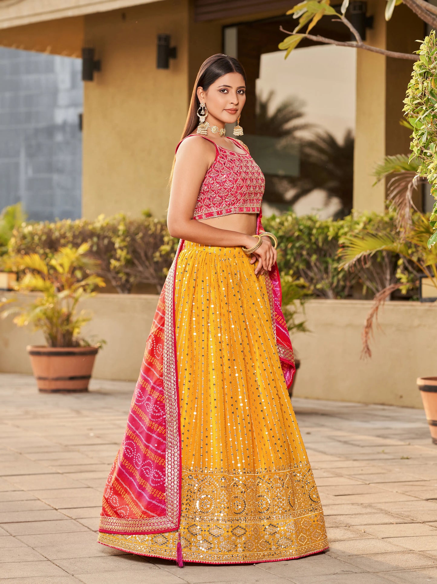 Yellow Pink Lehenga Choli Dupatta With Zari Sequins Embroidery