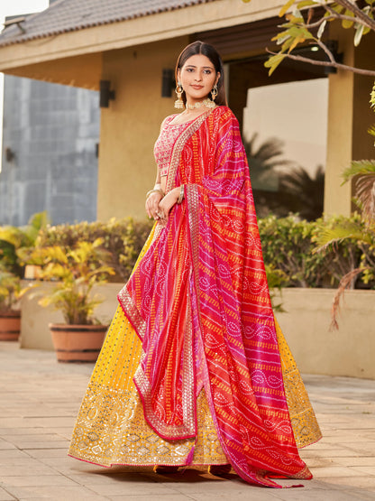 Yellow Pink Lehenga Choli Dupatta With Zari Sequins Embroidery