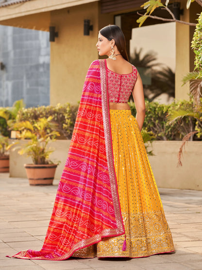 Yellow Pink Lehenga Choli Dupatta With Zari Sequins Embroidery