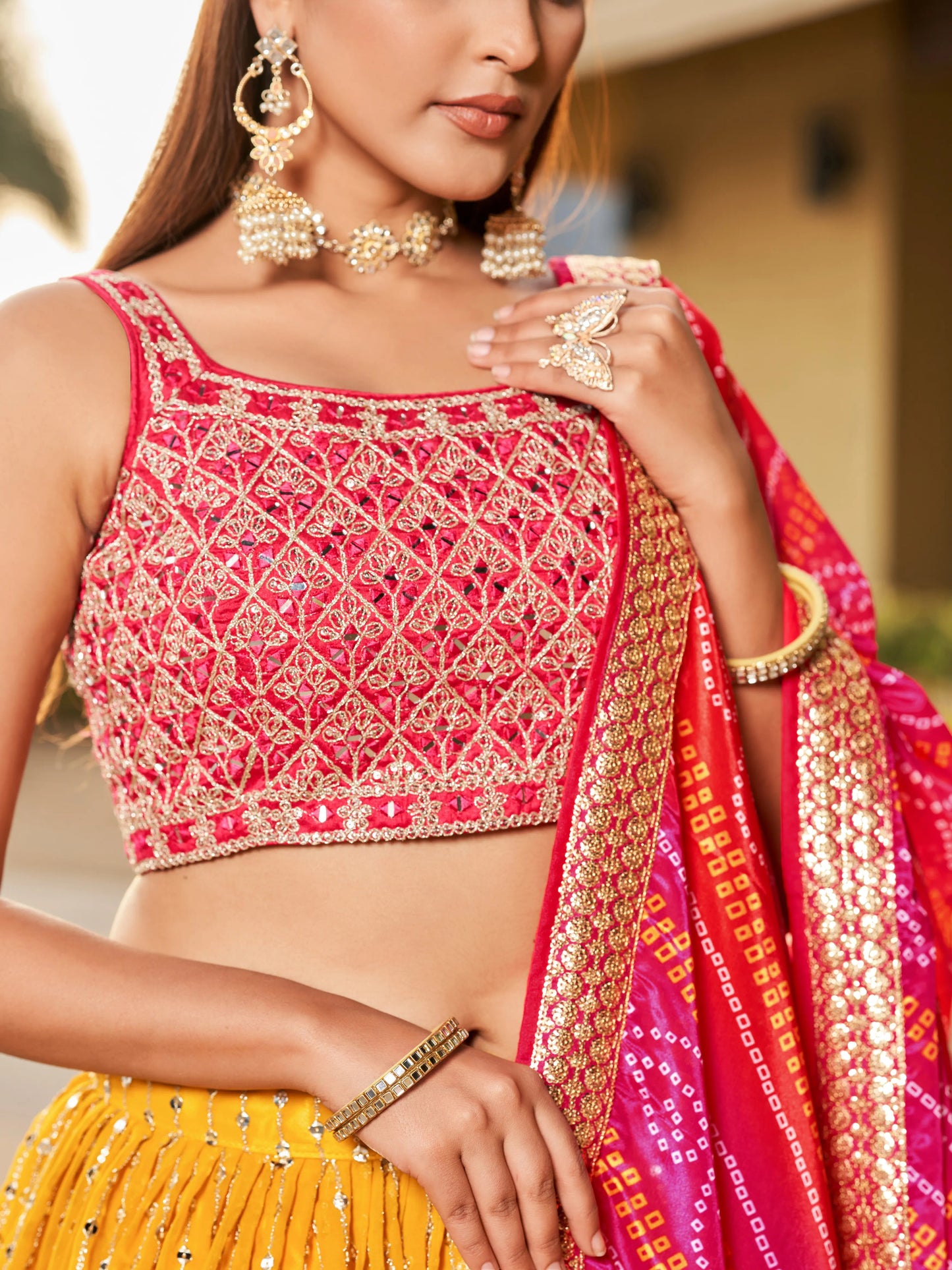 Yellow Pink Lehenga Choli Dupatta With Zari Sequins Embroidery