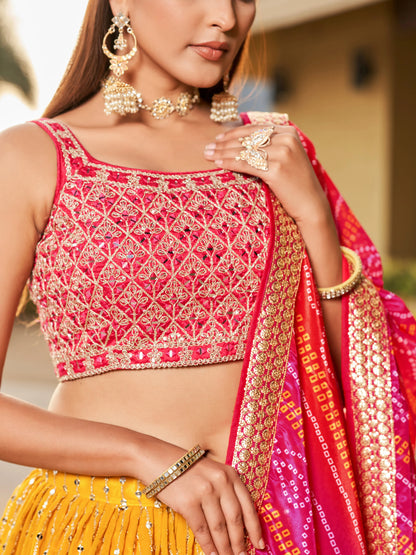 Yellow Pink Lehenga Choli Dupatta With Zari Sequins Embroidery