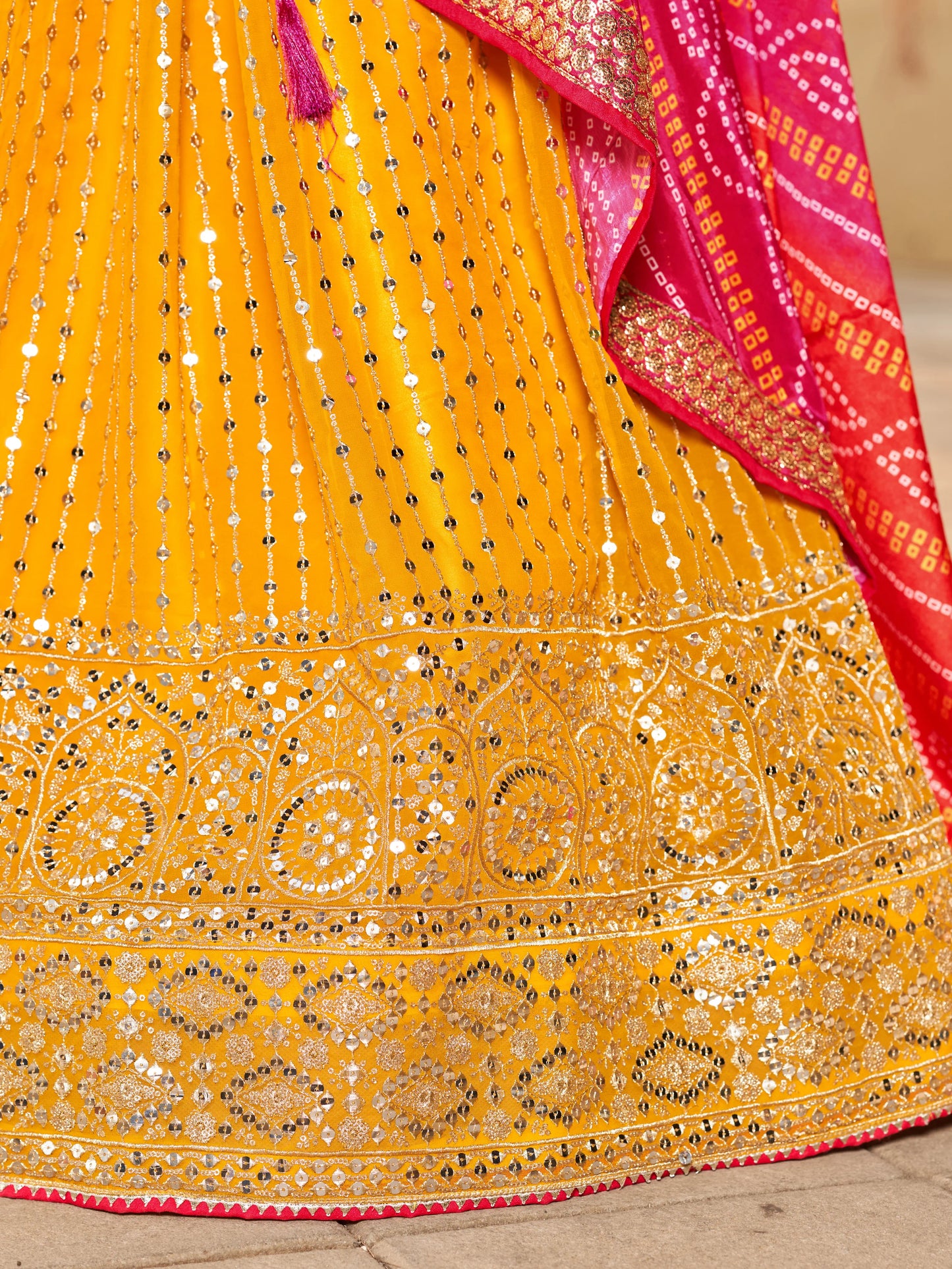 Yellow Pink Lehenga Choli Dupatta With Zari Sequins Embroidery