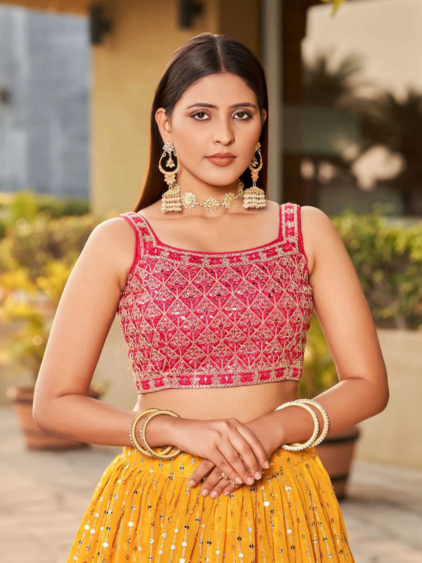 Yellow Pink Lehenga Choli Dupatta With Zari Sequins Embroidery