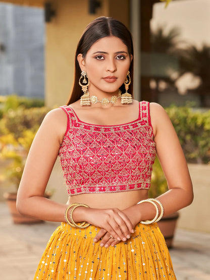 Yellow Pink Lehenga Choli Dupatta With Zari Sequins Embroidery