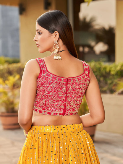 Yellow Pink Lehenga Choli Dupatta With Zari Sequins Embroidery