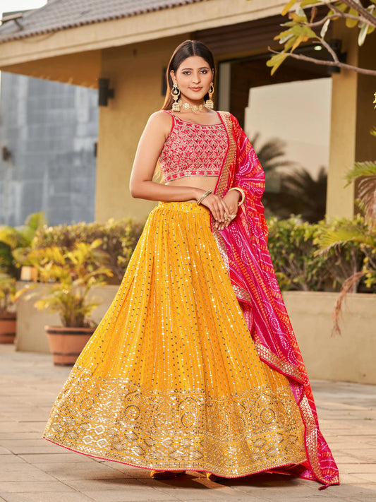 Yellow Pink Lehenga Choli Dupatta With Zari Sequins Embroidery