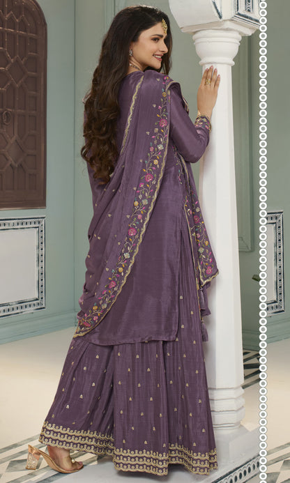 Purple Embroidered Chinon Sharara Suit