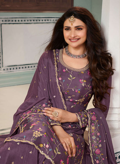 Purple Embroidered Chinon Sharara Suit