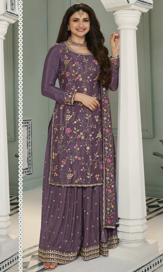 Purple Embroidered Chinon Sharara Suit