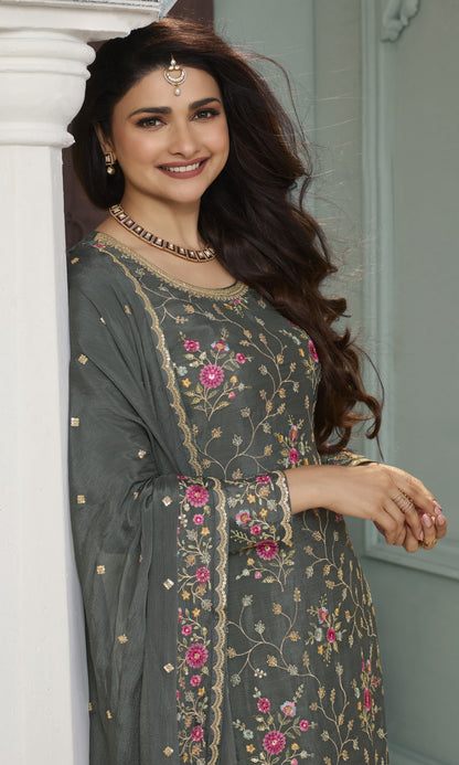 Grey Embroidered Chinon Sharara Suit