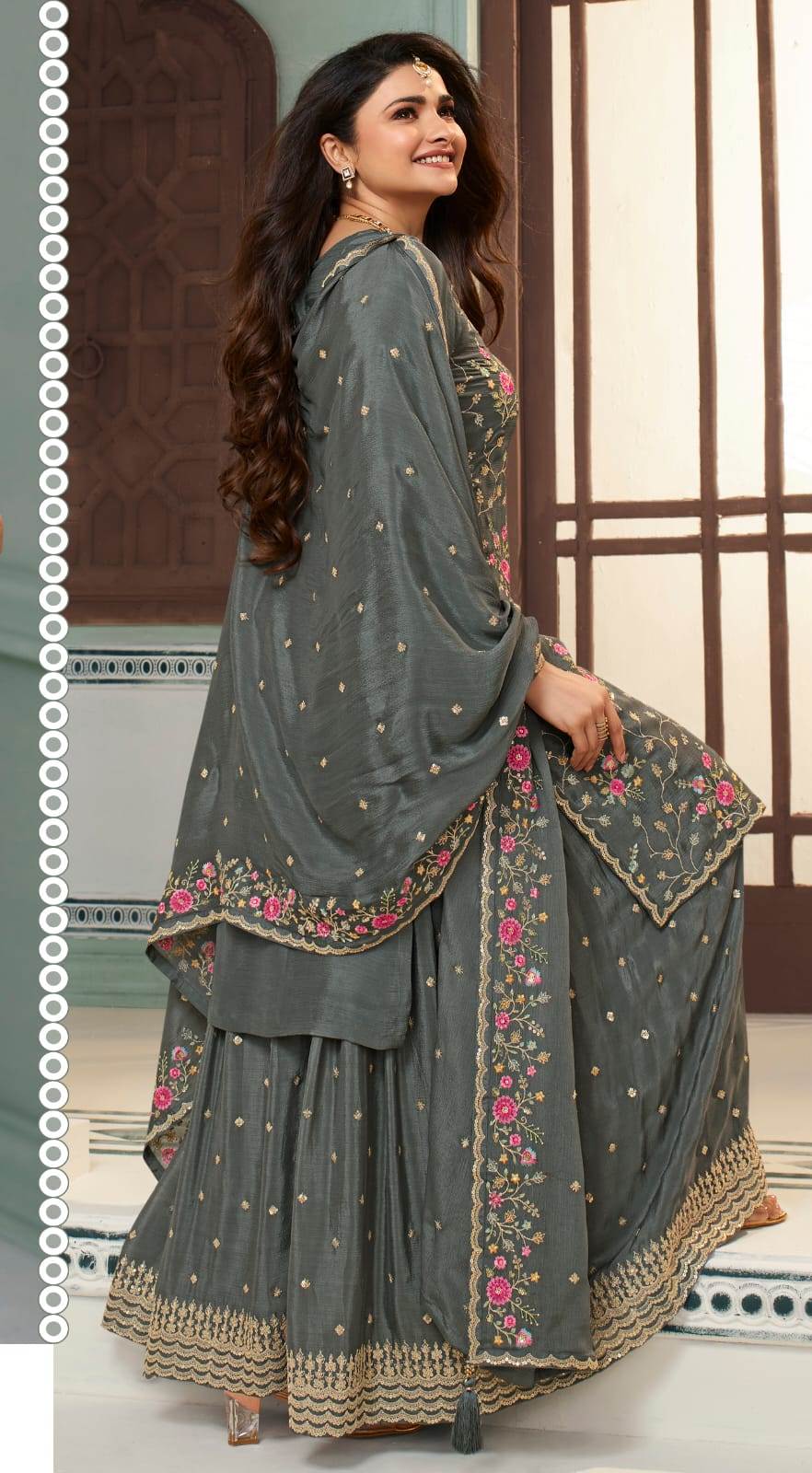 Grey Embroidered Chinon Sharara Suit