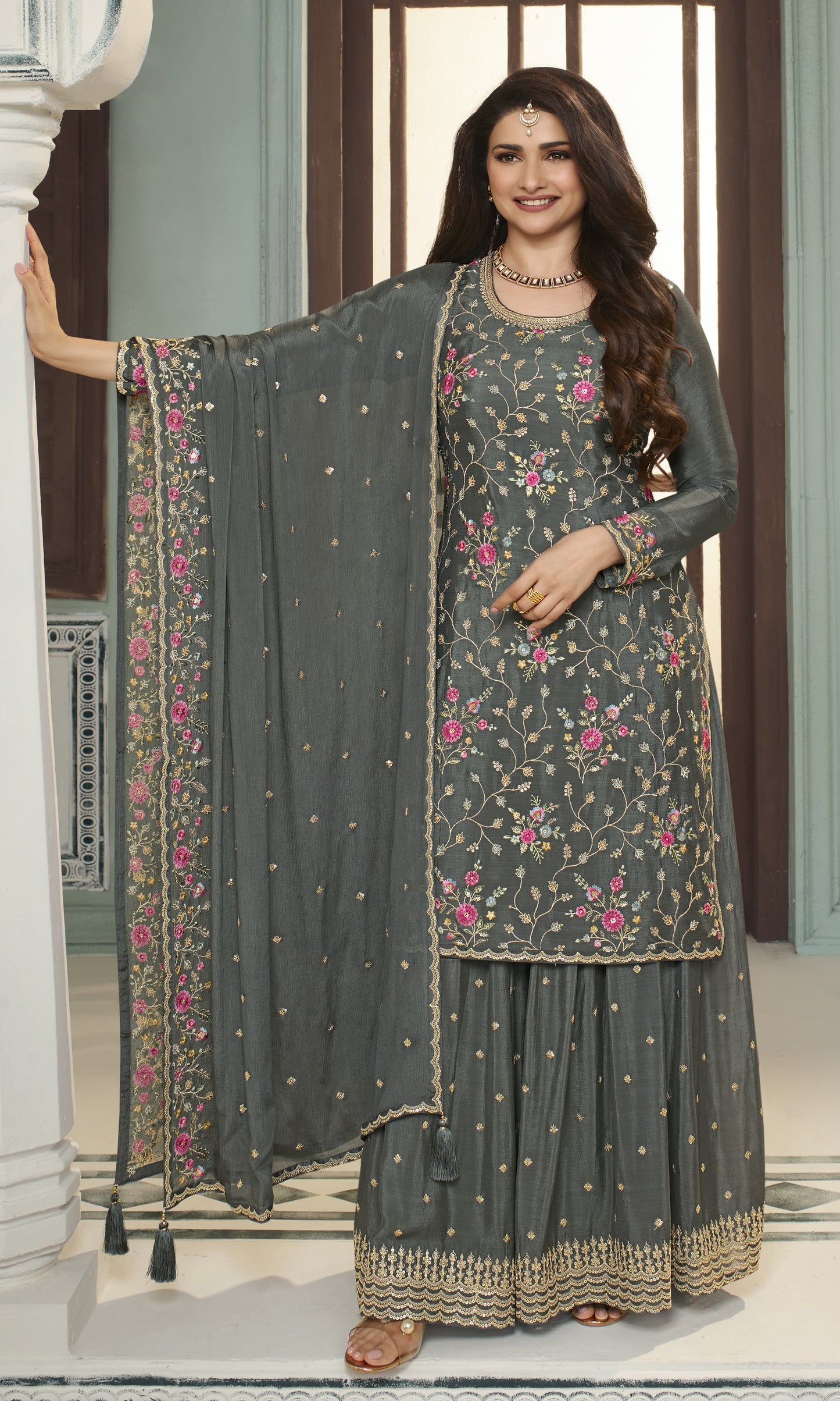 Grey Embroidered Chinon Sharara Suit