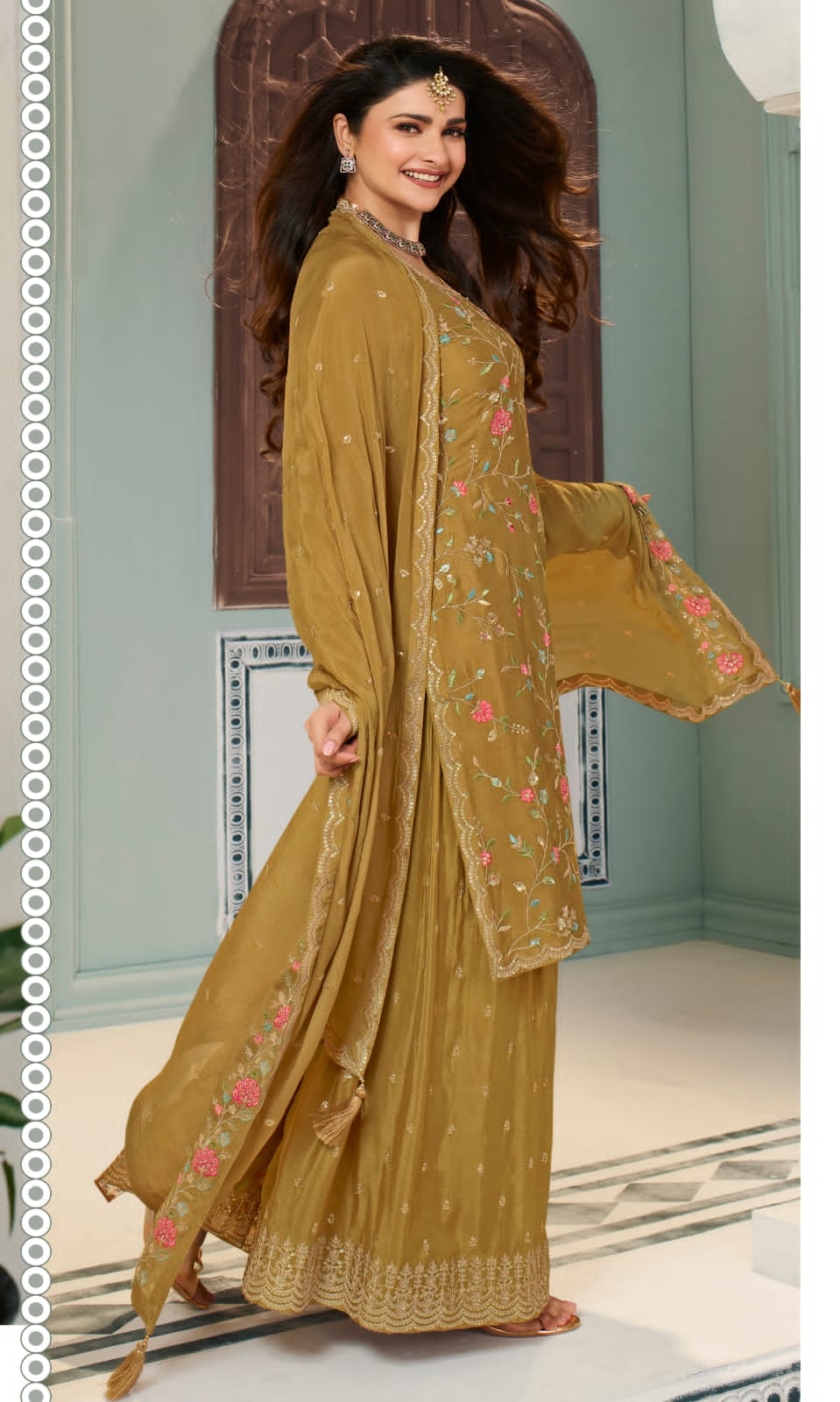 Mustard Embroidered Chinon Sharara Suit