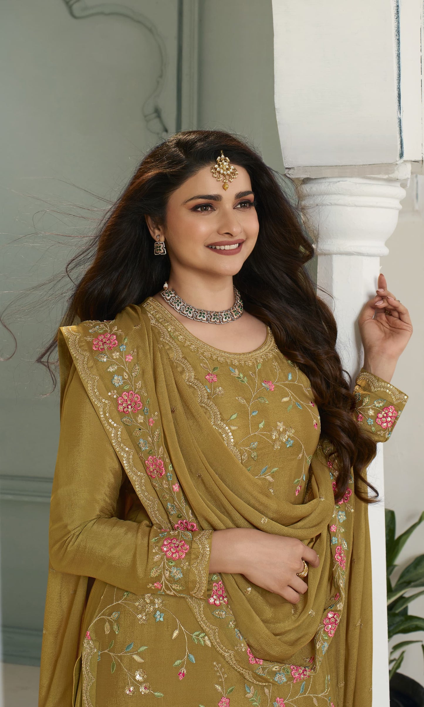 Mustard Embroidered Chinon Sharara Suit