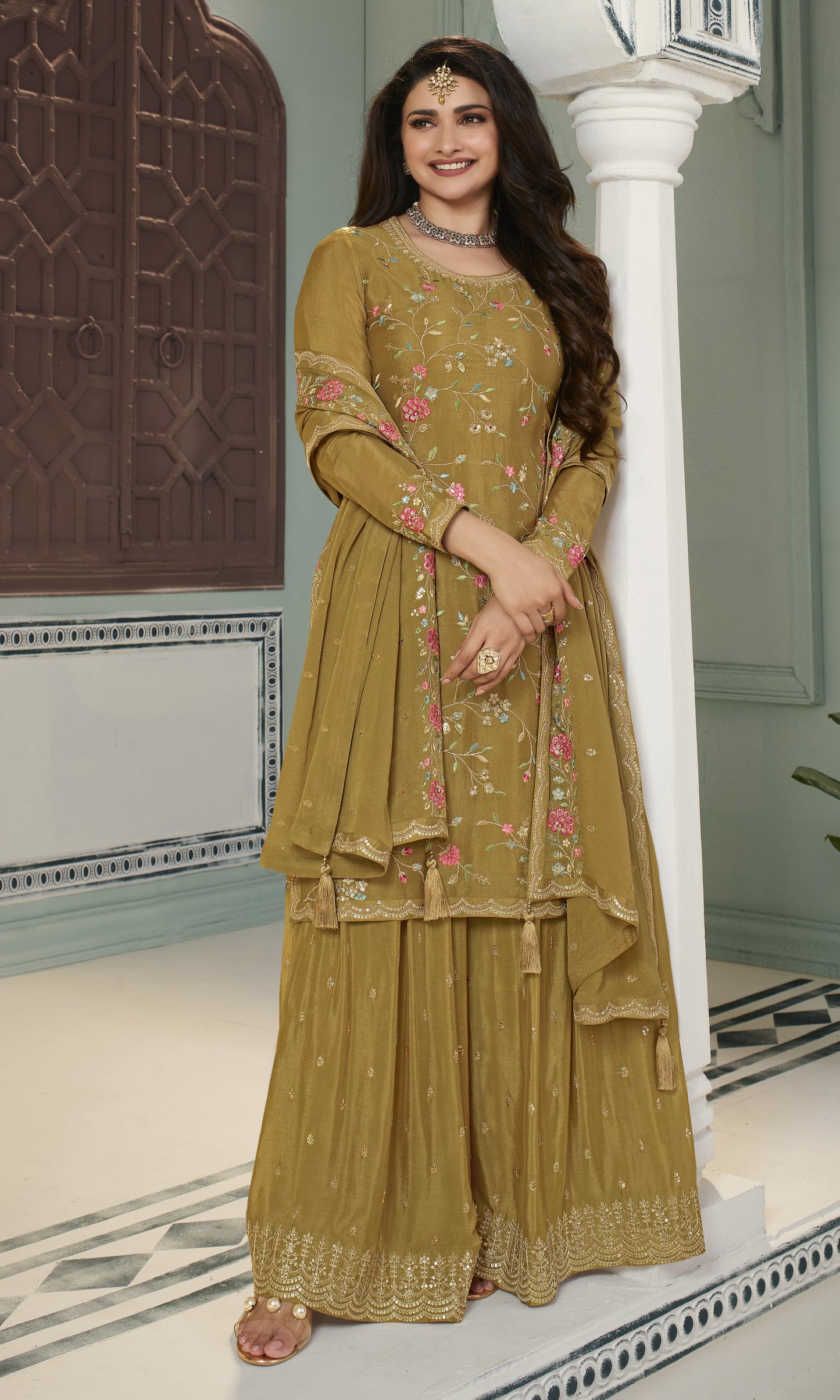 Mustard Embroidered Chinon Sharara Suit