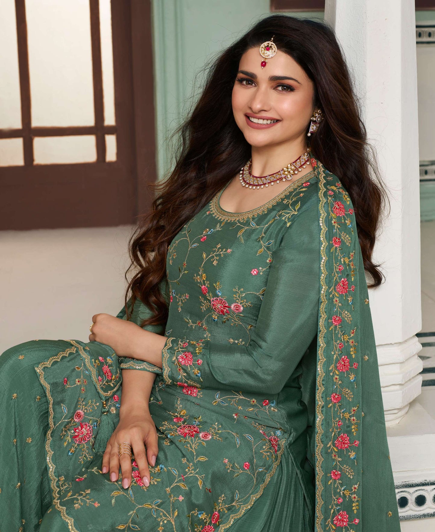 Green Embroidered Chinon Sharara Suit