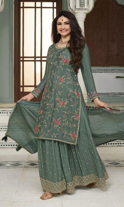 Green Embroidered Chinon Sharara Suit