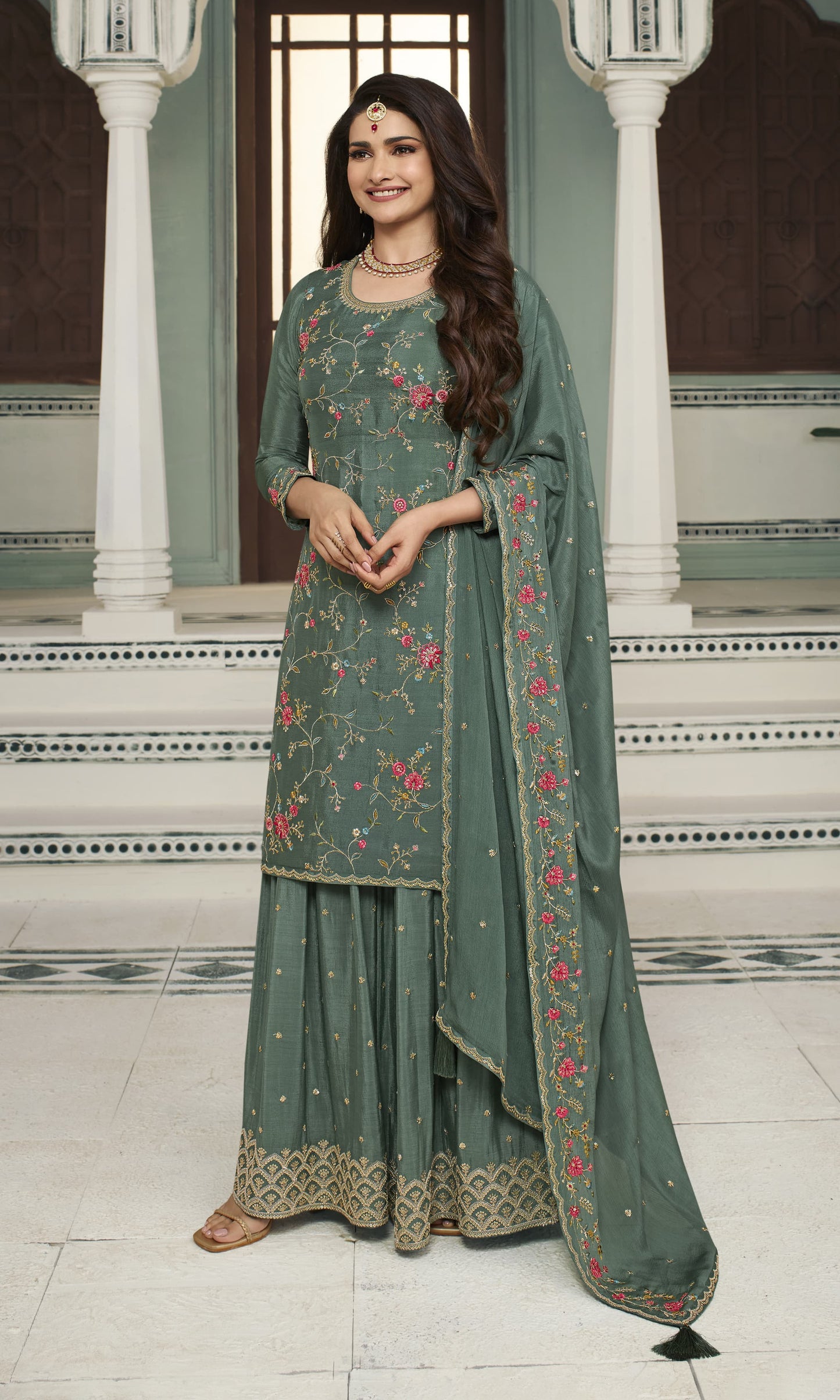 Green Embroidered Chinon Sharara Suit