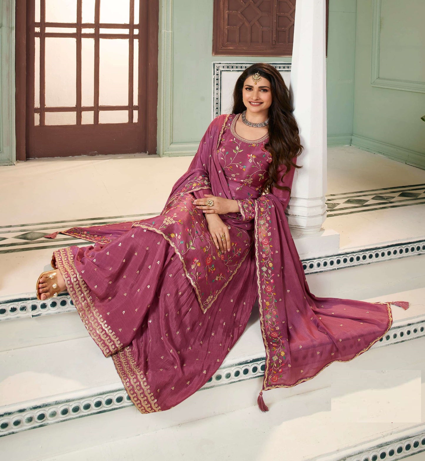 Pink Embroidered Chinon Sharara Suit