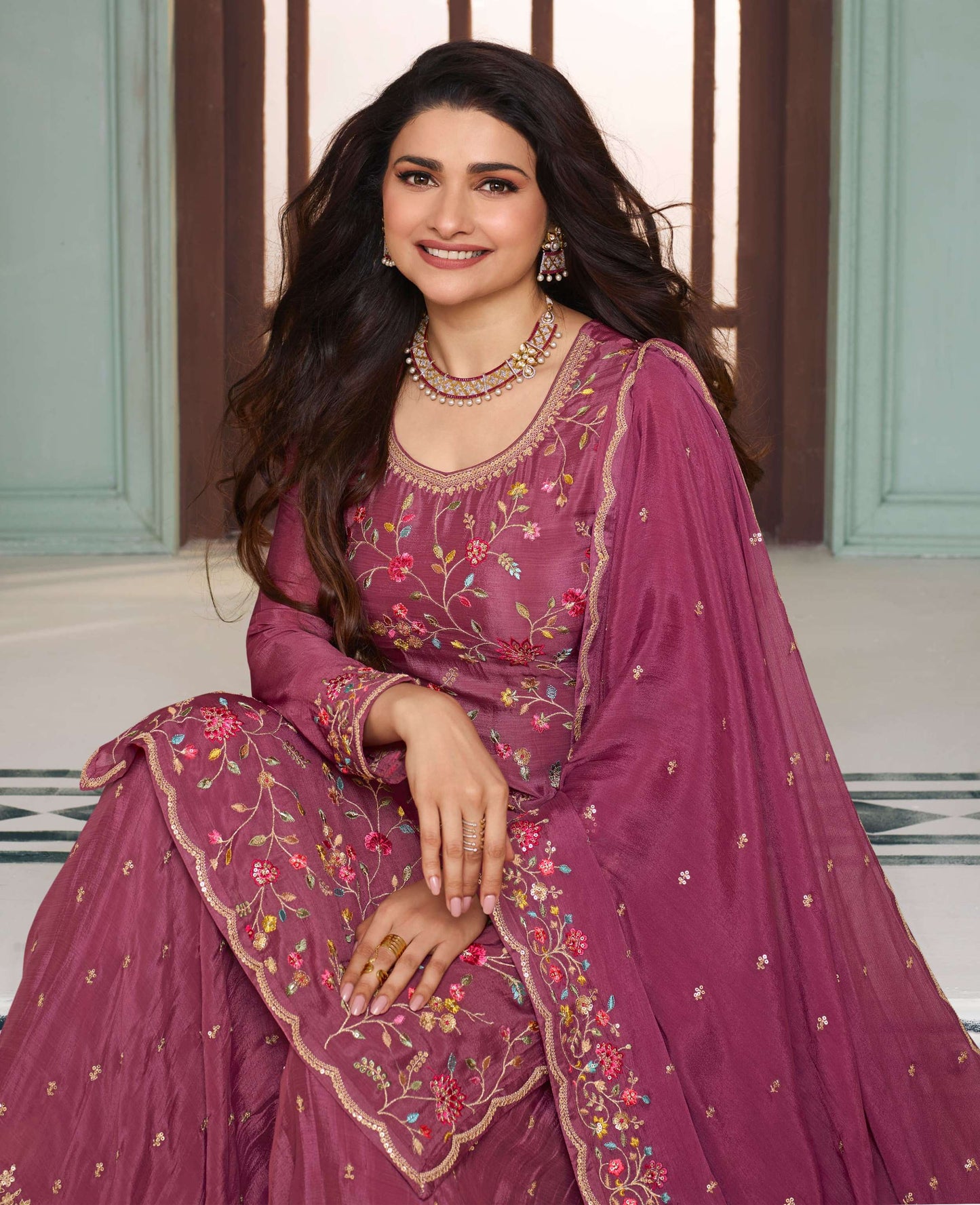 Pink Embroidered Chinon Sharara Suit