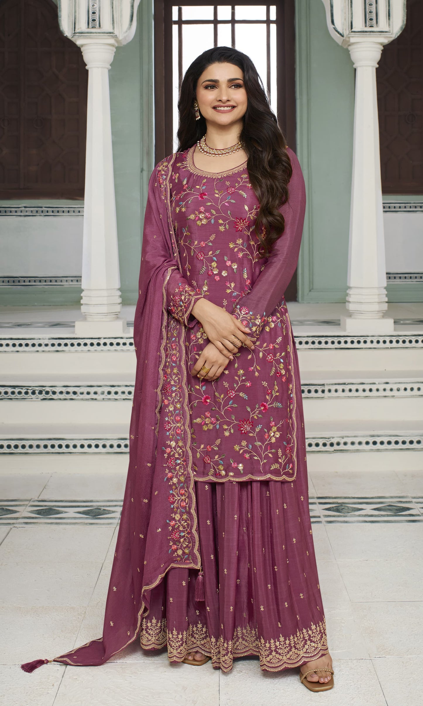 Pink Embroidered Chinon Sharara Suit