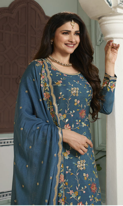 Sky Embroidered Chinon Sharara Suit