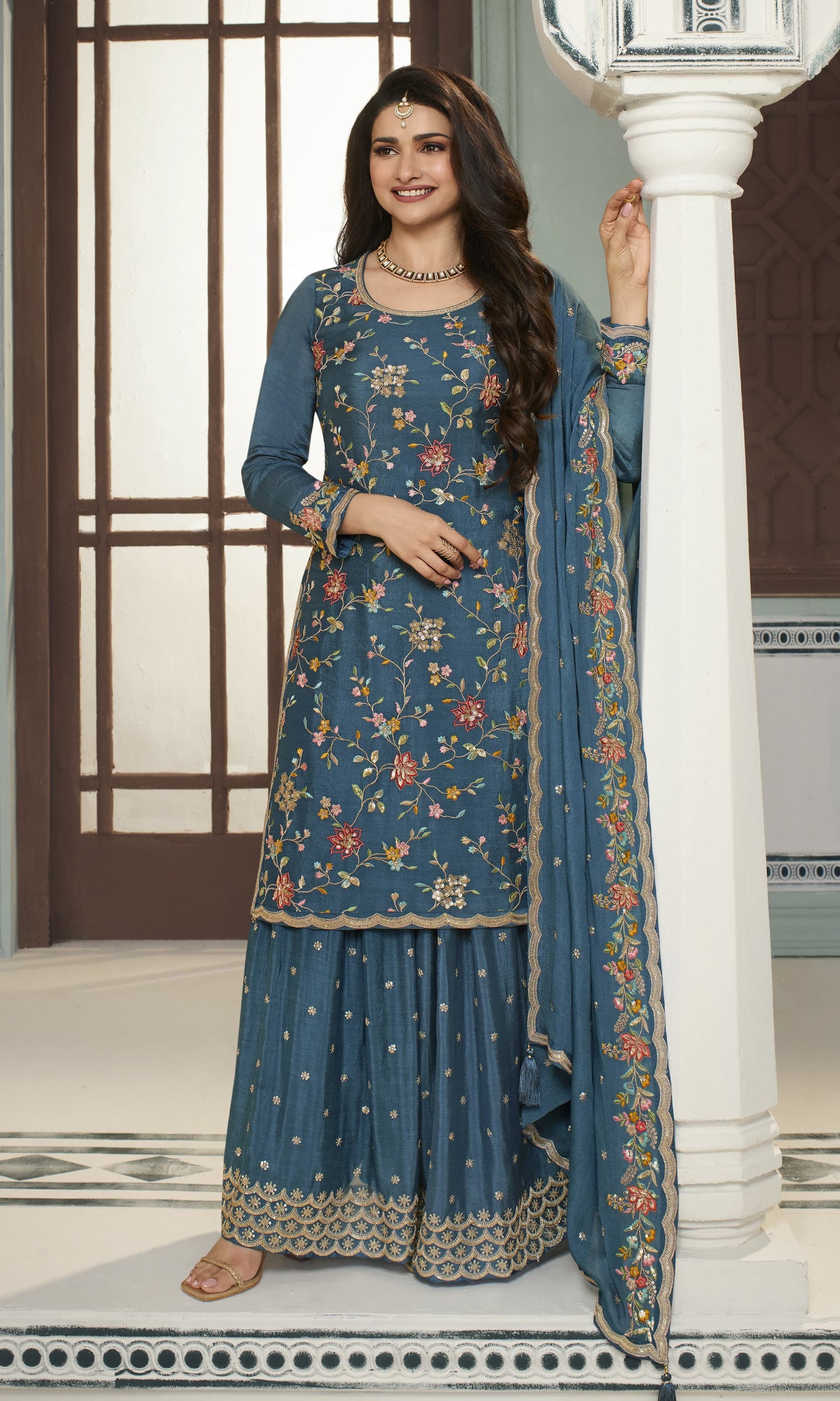 Sky Embroidered Chinon Sharara Suit