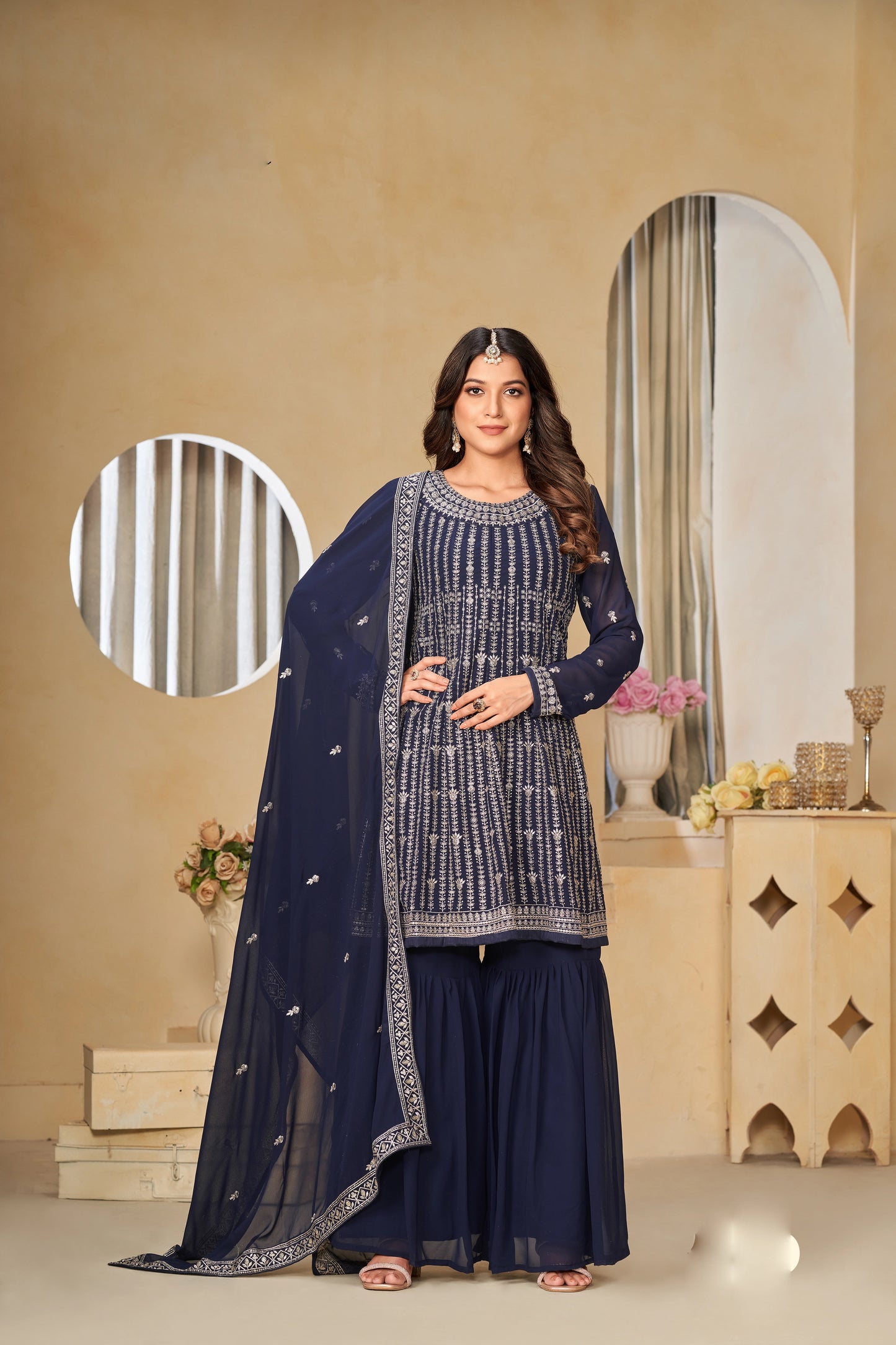 Faux Georgette Embroidered Gharara Suit