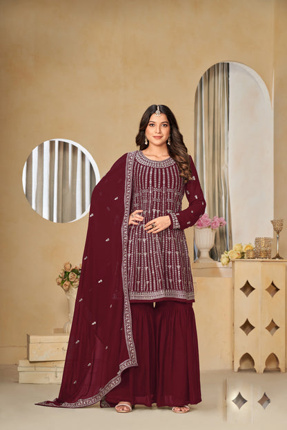 Faux Georgette Embroidered Gharara Suit