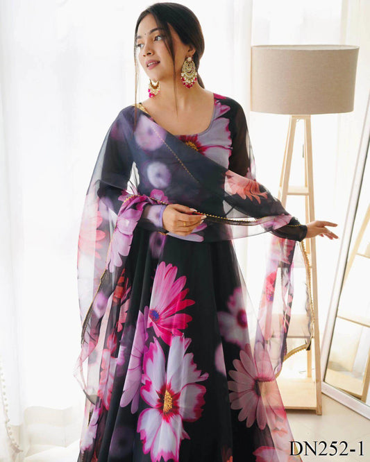 Floral Print Anarkali Gown with Dupatta