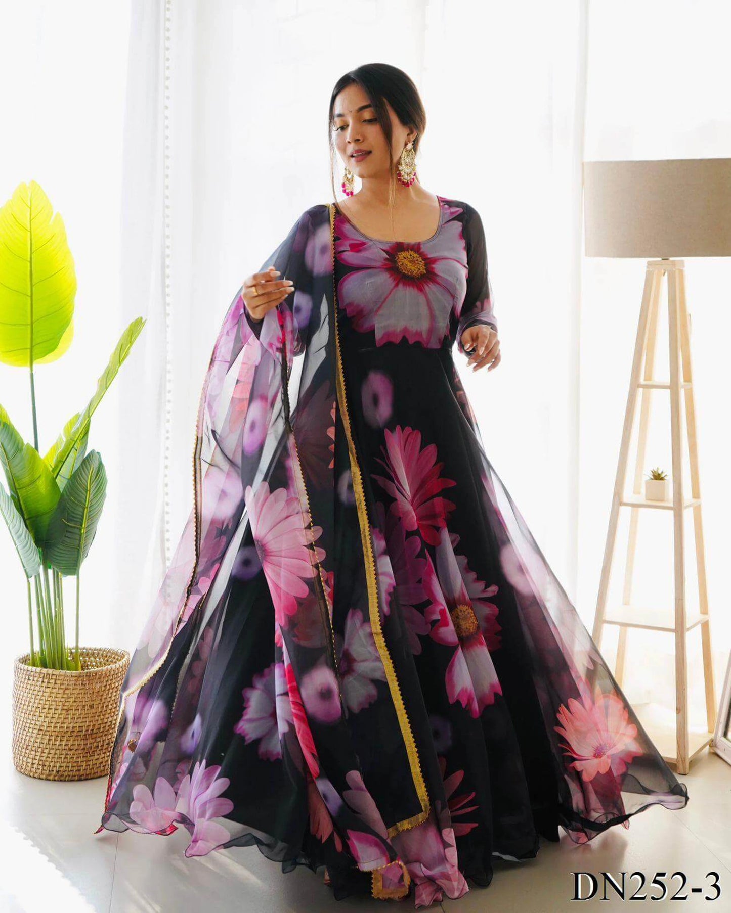 Floral Print Anarkali Gown with Dupatta