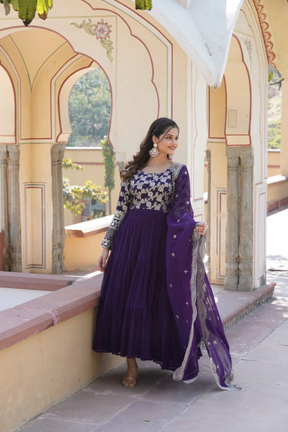 Faux Blooming Embroidered Gown with Viscose Jacquard Dupatta