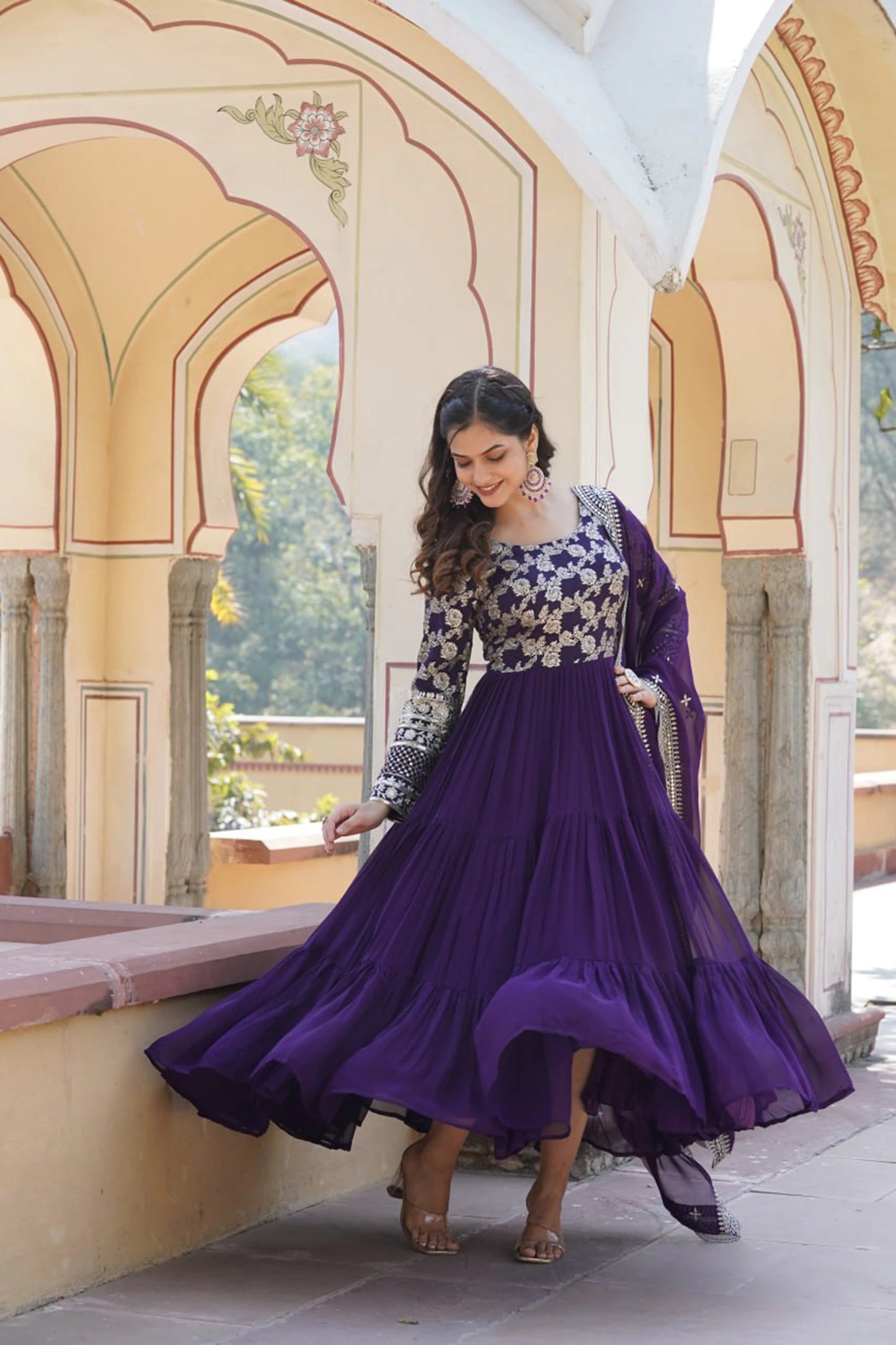 Faux Blooming Embroidered Gown with Viscose Jacquard Dupatta