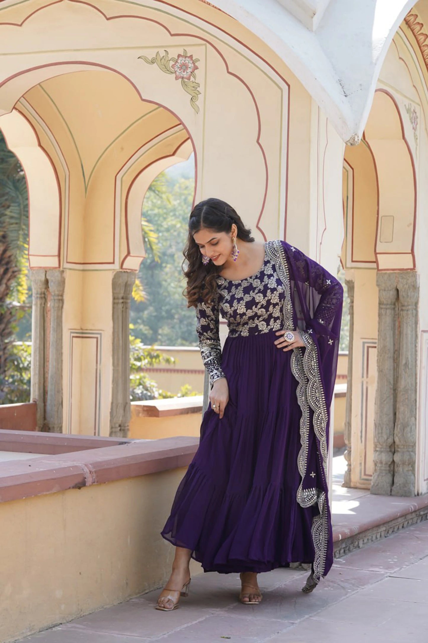 Faux Blooming Embroidered Gown with Viscose Jacquard Dupatta