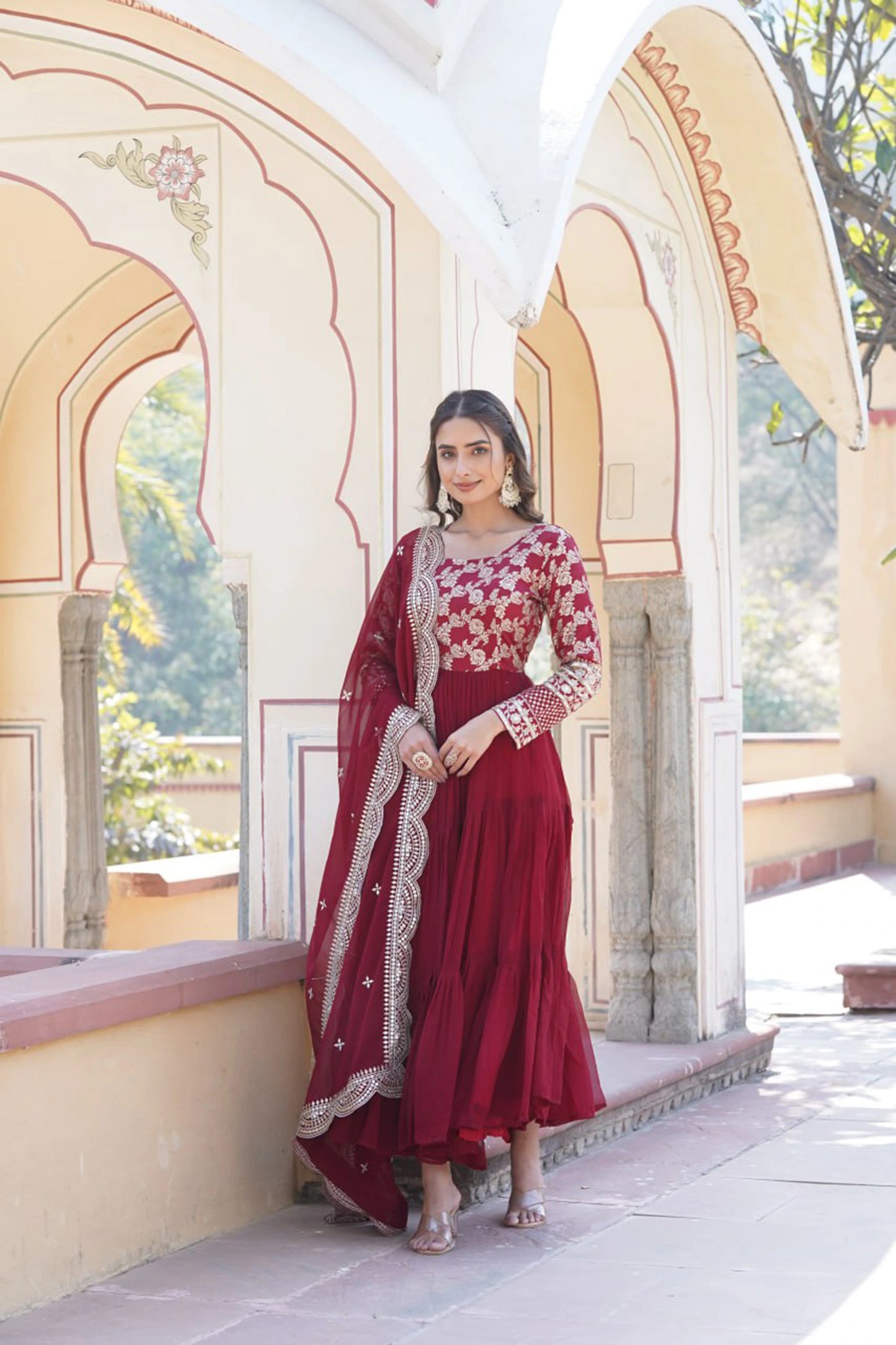 Faux Blooming Embroidered Gown with Viscose Jacquard Dupatta