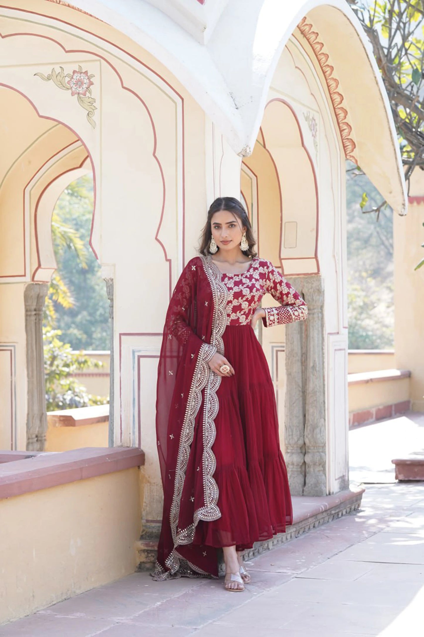 Faux Blooming Embroidered Gown with Viscose Jacquard Dupatta