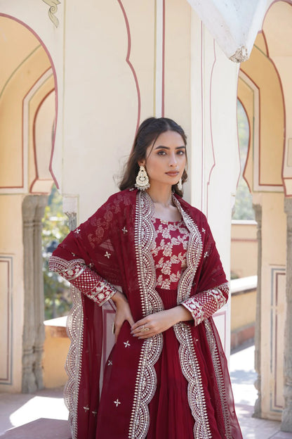 Faux Blooming Embroidered Gown with Viscose Jacquard Dupatta