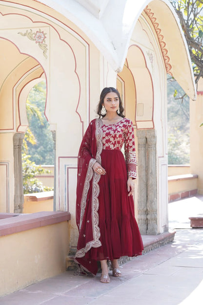 Faux Blooming Embroidered Gown with Viscose Jacquard Dupatta