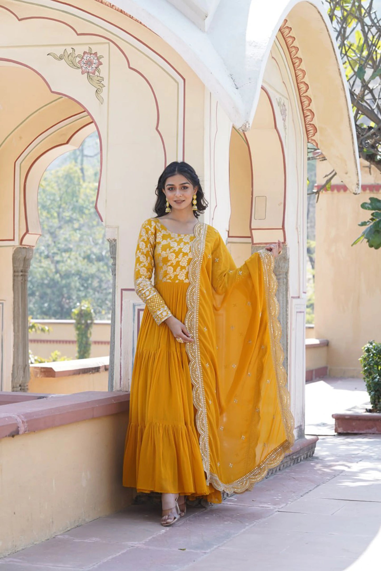 Faux Blooming Embroidered Gown with Viscose Jacquard Dupatta