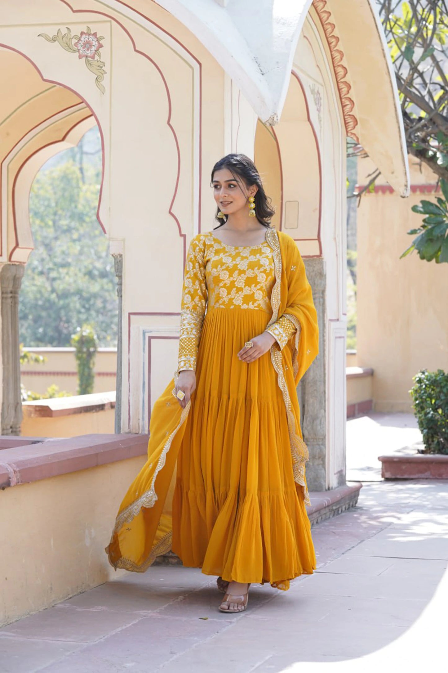 Faux Blooming Embroidered Gown with Viscose Jacquard Dupatta