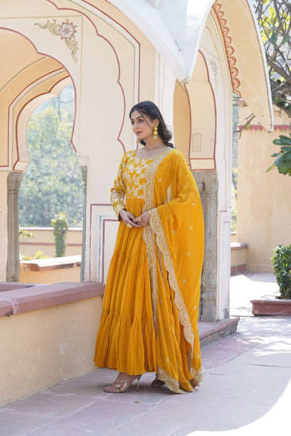 Faux Blooming Embroidered Gown with Viscose Jacquard Dupatta